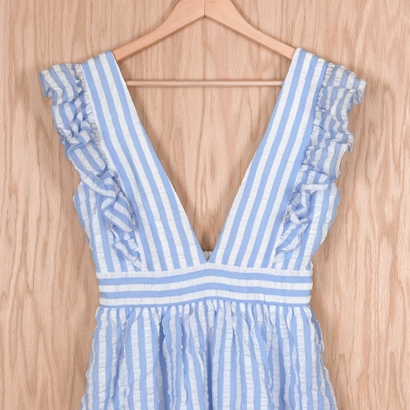Pink Lily x Caitlin Covington Hamptons Deep V Striped Blue Midi Dress - Picture 3 of 10
